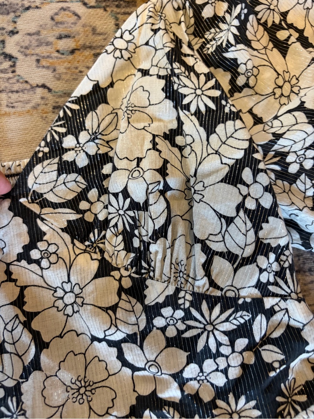 Gap NWOT Puff Short Sleeve Metallic Floral Midi Dress White Black Silver Medium - Picture 5 of 9